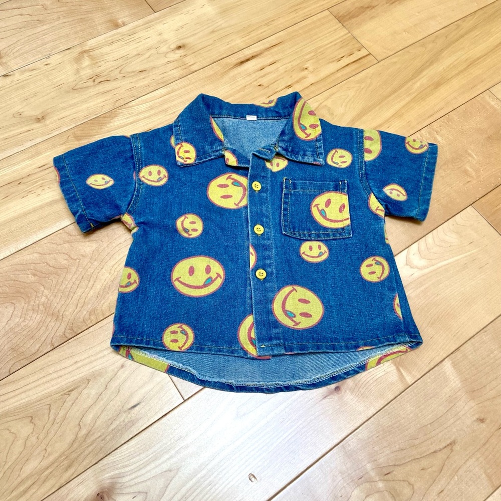 2T kids toddlers maximalist on trend Smiley Face Denim Kids button down Shirt